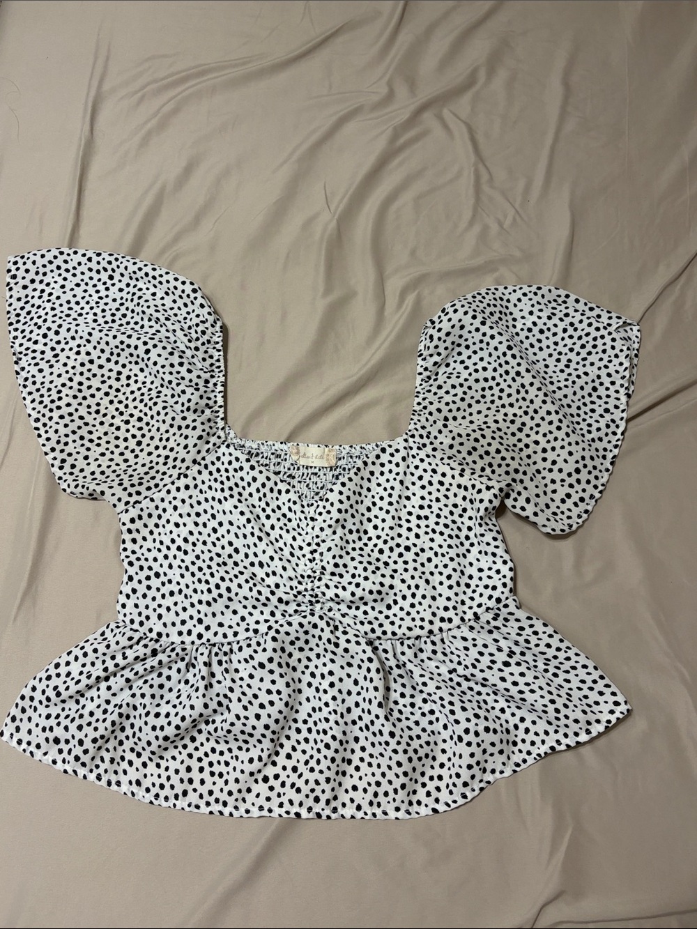 Altar'd State White Black Polka Dot Puff Sleeve Peplum Top